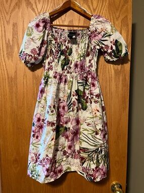 Maison Tara Purple & Green Floral Smocked Puff-Sleeve Dress